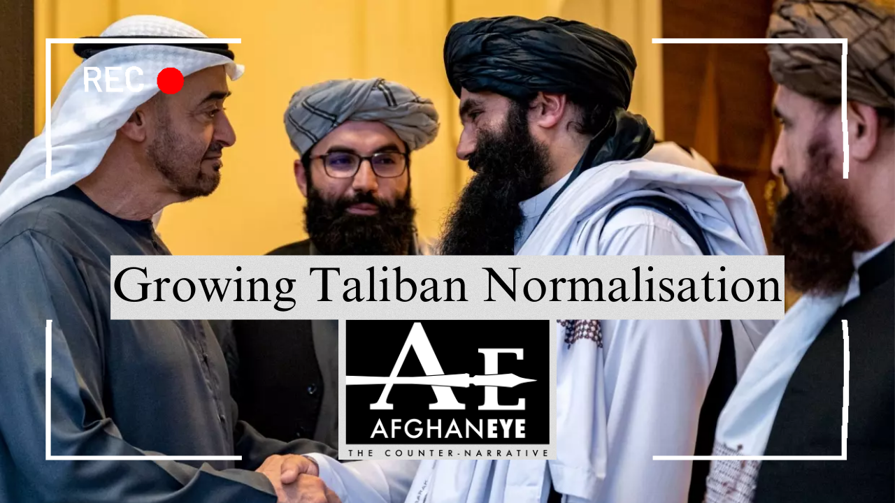 Afghan Interior Minister Sirajuddin Haqqani (second from right) is greeted by UAE President Muhammad bin Zayed (left). Picture taken from Emirates News Agency (WAM). Afghan Interior Minister Sirajuddin Haqqani (second from right) is greeted by UAE President Muhammad bin Zayed (left). Picture taken from Emirates News Agency (WAM).